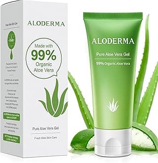 Aloderma 99% Organic Aloe Vera Gel Made Within 12 Hours Of Harvest, Easy Travel Size Tube For Body, Face, & Scalp, Cooling, Soothing Instant Relief For Skin & Sunburn, Hydrating Aloe Gel, 1.5Oz
