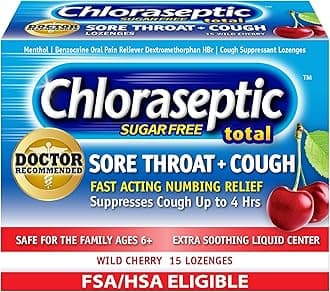 Sugar-Free Total Sore Throat & Cough Lozenges, Wild Cherry, Cough Drops with Liquid Center to Numb Sore Throat for Up to 4 Hours, 15 Count