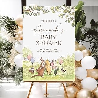 Personalized Bear Pooh Baby Shower Sign, Classic Greenery Custom Baby Shower Welcome Yard Sign Party Decorations Plastic with H Stakes, Double Sided, Full Size