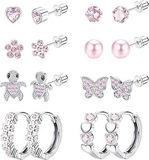 THUNARAZ Hypoallergenic Screwback Earrings Studs for Girls Women 316L Stainless Steel Cute Heart Hoop Earrings CZ Butterfly Turtle Screw Back Stud Earrings 20G