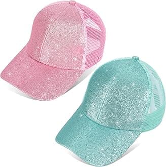 BROMZ Girls Glitter Baseball Cap Kids Ponytail Hat Adjustable Summer Mesh Trucker Hats for 4-12 Years