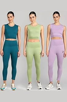 PAAVKI Stretchable Activewear Sleeveless Crop Top with Long Pants with Back Pocket for Workout Top & Bottom Set Gym Yoga Sports Running Track Suits For Girls/Women - Pack of 3