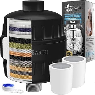 Aqua EarthShower Head Filter For Hard Water Black 20 Stages to Remove Chlorine Fluoride Water Softener Coconut Shell Activated Carbon Reduces Dry Itchy Skin Heavy Metals Other Sediments Vitamin C
