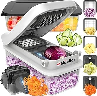 MuellerPro-Series V Blade Vegetable Chopper, Onion Chopper, Egg Slicer, Spiralizer, Dicer, Food Chopper Veggie Fruit Cutter, French Fry Cutter, Kitchen Gadgets 2024 w Food Container White Sand/Grey
