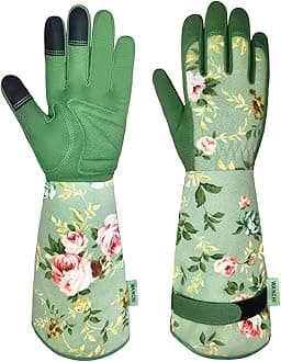 WANCHI Gardening Gloves, Durable and Comfortable Women's Long Garden Gloves for Gardening Work and Yard Work, Leather Gardening Gloves for Women, Green Print (Medium)