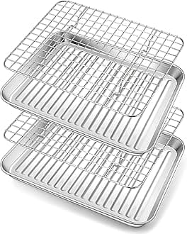 Small Stainless Steel Baking Sheet, E-far Toaster Oven Tray with Rack Set, Metal Textured Broiling Pan with Wire Rack for Cooking/Cooling/Bacon/Cookies/Steak - Dishwasher Safe