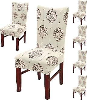 BRIDA® Polyester Spandex Stretchable Floral Geometric Printed Dining Chair Covers Elastic Chair Seat Case Protector, Slipcovers (6 Chair Cover, Damask Beige)