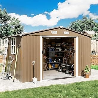 Gotland 10FT x 8FT Sheds & Outdoor Storage, Storage Shed with 1 Large Window Sloped Step, Metal Shed with 2 Lockable Slide Doors Air Vents, Outdoor Shed for Backyard Patio Lawn Brown