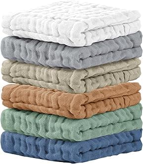 Cuddle Campus 6 Pack Cotton Muslin Washcloths Extra Absorbent and Soft Newborn Washcloths 12x12 inch