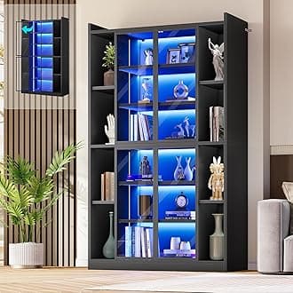 SEDETA 71" Display Cabinet with Acrylic Glass Doors, 6 Tier Display Cases for Collectibles, Curio Cabinet with LED Lights, Tall Bookcase with Adjustable Shelves, Black