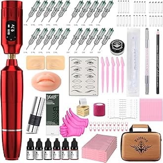 Eyebrow Microblading Tattoo Gun Kit - Professional Tattoo Pen & Brow Pencil Set for Microblading Supply, Semi-Permanent Makeup Tattoo Machine with 50Pcs Needles for Artists Starter (Red, TP39)