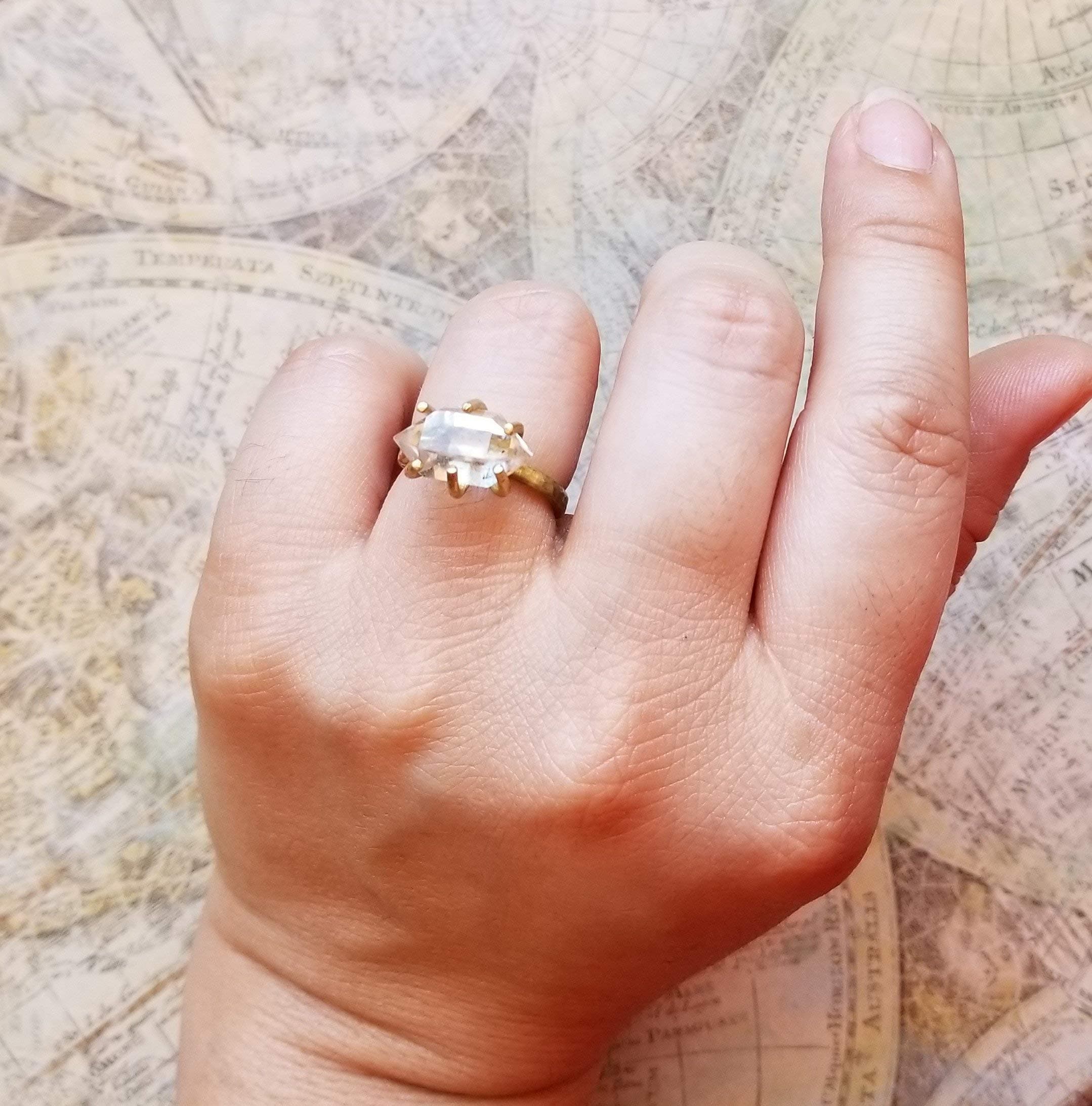 Genuine Herkimer Diamond Ring, Large Diamond Ring, Herkimer Diamond Statement Ring, Golden Brass Ring, OOAK Ring, Large Solitaire Ring