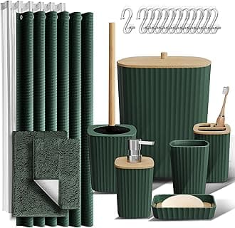 Clara Clark Bathroom Accessories Set - Bathroom Accessory Set with Shower Curtain Set, Toilet Brush, Trash Can & Soap Dispenser & Rugs (Hunter Green, Complete Set + Bath Rugs)