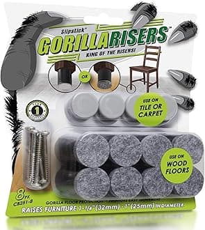 Slipstick GorillaRisers CB251-8 Screw on Furniture Risers (8 Pack) Floor Protector Slider Legs Raise Chair or Table Height 1-1/4” to 1-1/2", Plastic & Felt Glide Combo, 1 Inch Round, Black