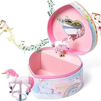 Jewelkeeper Music Jewelry Box for Girls – Unicorn Jewelry Box with Mirror, Twirling Figurine & Soft Flocked Lining – Heart-Shaped Kids Jewelry Box for Valentine’s Day Gifts