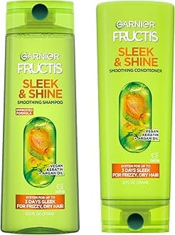 Garnier Fructis Sleek & Shine Shampoo (22 Fl Oz) + Conditioner (21 Fl Oz) Set for Frizzy, Dry Hair, Plant Keratin + Argan Oil (2 Items), 1 Kit (Packaging May Vary)