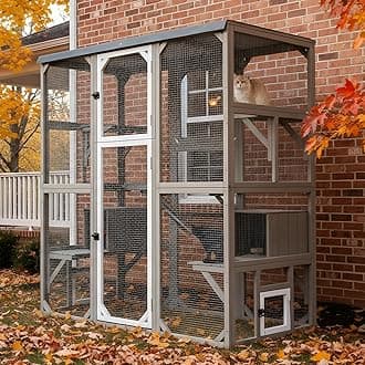 Large Outdoor Cat Catio Enclosures, Wooden Catio Window Cat Patio for Cats Feral with 5 Platforms, 2 Resting Rooms, Waterproof Cover