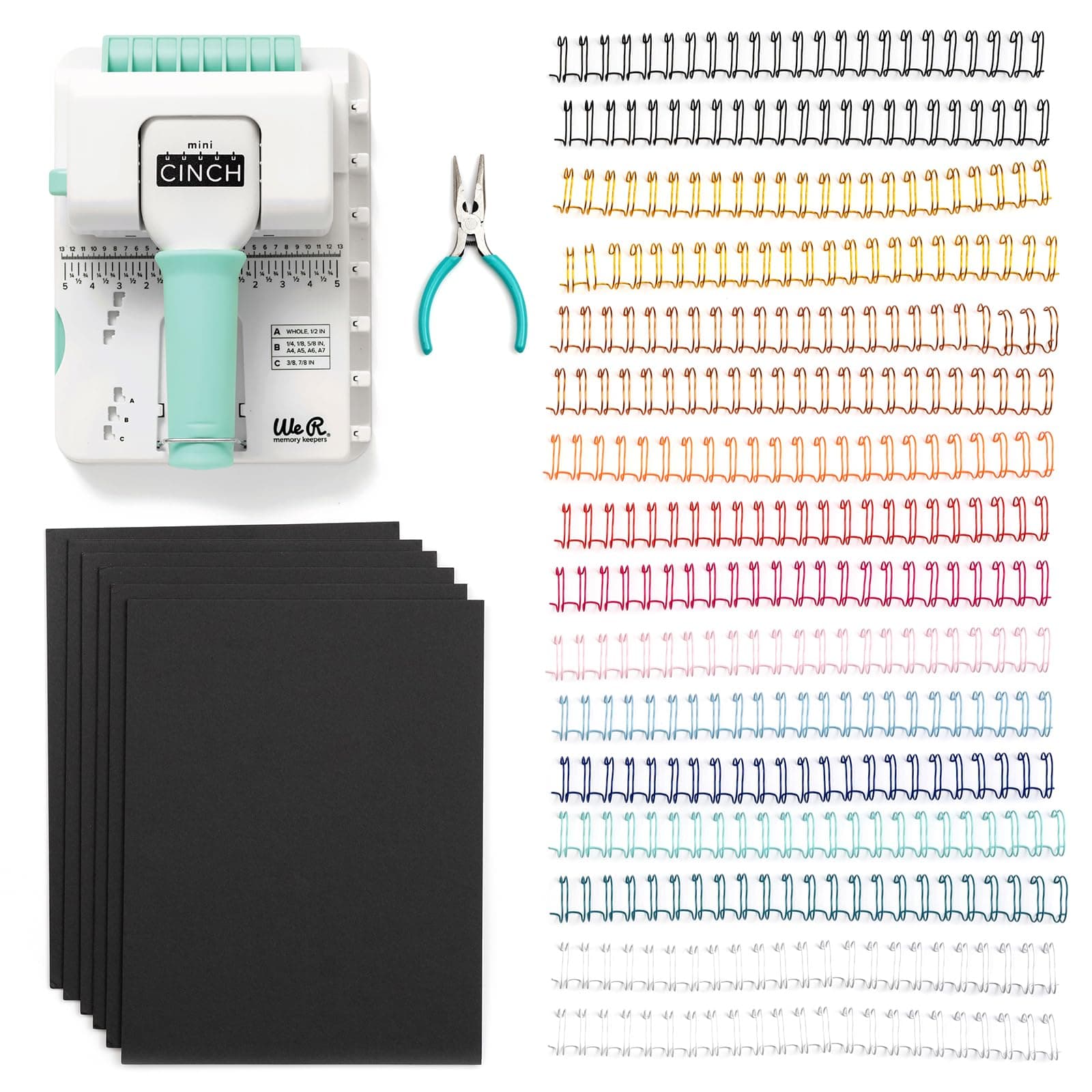 Mini Cinch Bundle Includes Book Binding Machine, 16 Wires, Wire Cutters, and Six Black Bookboards, Easy to Use Design, Ruler, Wire or Spiral Coils, DIY Books, Notebooks, Calendars