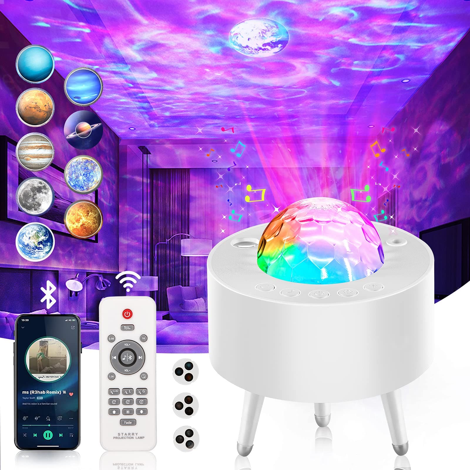 Galaxy Light Projector,Planet Night Light Projector with Remote, Bluetooth Speaker &Timing Function,Ceiling Starlight Projector Lamp for Gaming Room,Party,Bedroom Decor,Mood Ambiance (White)