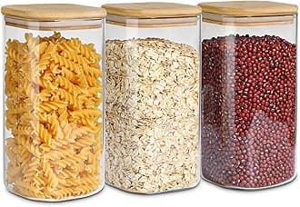 ComSaf 1.5L Glass Jars with Bamboo Lids, Clear Airtight Food Storage Container Jar with Sealing Lid, Canister Set for Pasta Flour Cereal Rice Sugar Tea Coffee Beans, Set of 3