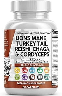 Clean Nutraceuticals Lions Mane 3000mg 20in1 Mushroom Supplement with Turkey Tail 2000mg Reishi 1000mg Cordyceps Chaga 1000mg Maitake Meshima Poria Cocos Shiitake Oyster Porcini Enoki 60 Count