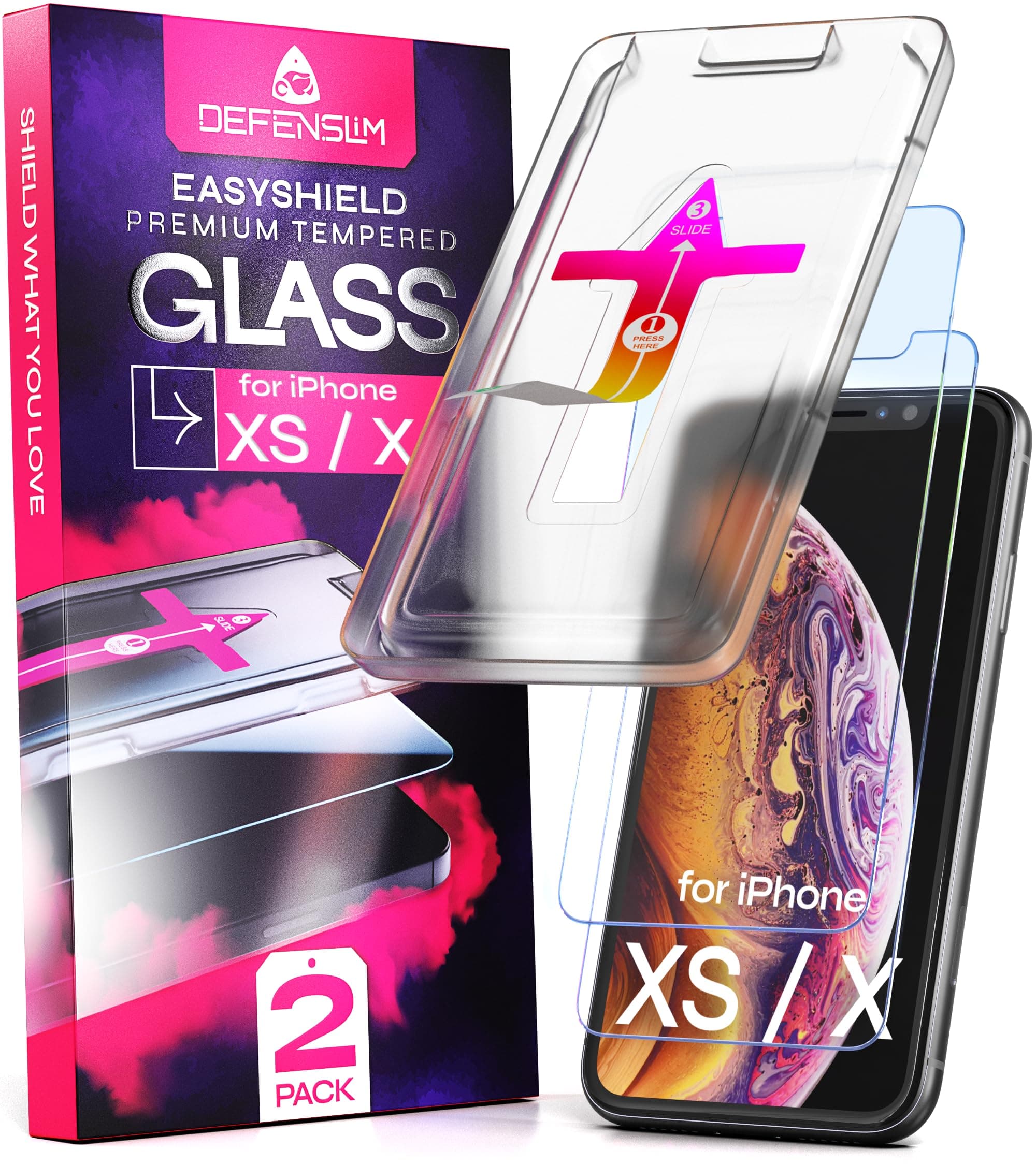Defenslim Screen Protector for iPhone XS (2Pack), Easy Auto-Align Install Kit, 5.8" Tempered Glass, 9H Hardness, Ultra HD Clear, Case Friendly, EasyShield