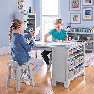 Kids' Art Table and Stools Set - Gray: Wooden Kids' Activity Table and Chairs Set w/Storage, Bins Paper Roll for Coloring & Craft Activities | Study & Play Desk for Playroom Furniture