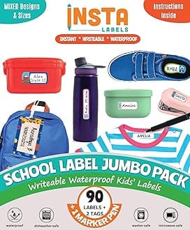 Complete School Name Label Kit | Waterproof Name Labels for Kids School Supplies | with 12 Iron on Personalised Waterproof Name Stickers for Clothes & 2 Bag Tags | Name Tags for Kids for School