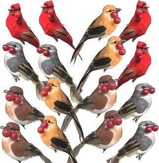BANBERRY DESIGNS Feathered Song Bird Clip-On Christmas Ornaments - Set of 16 - Assorted Styles Cardinals Orioles Finches Chickadees with Red Berries - 4 Inches - $1.87 Each