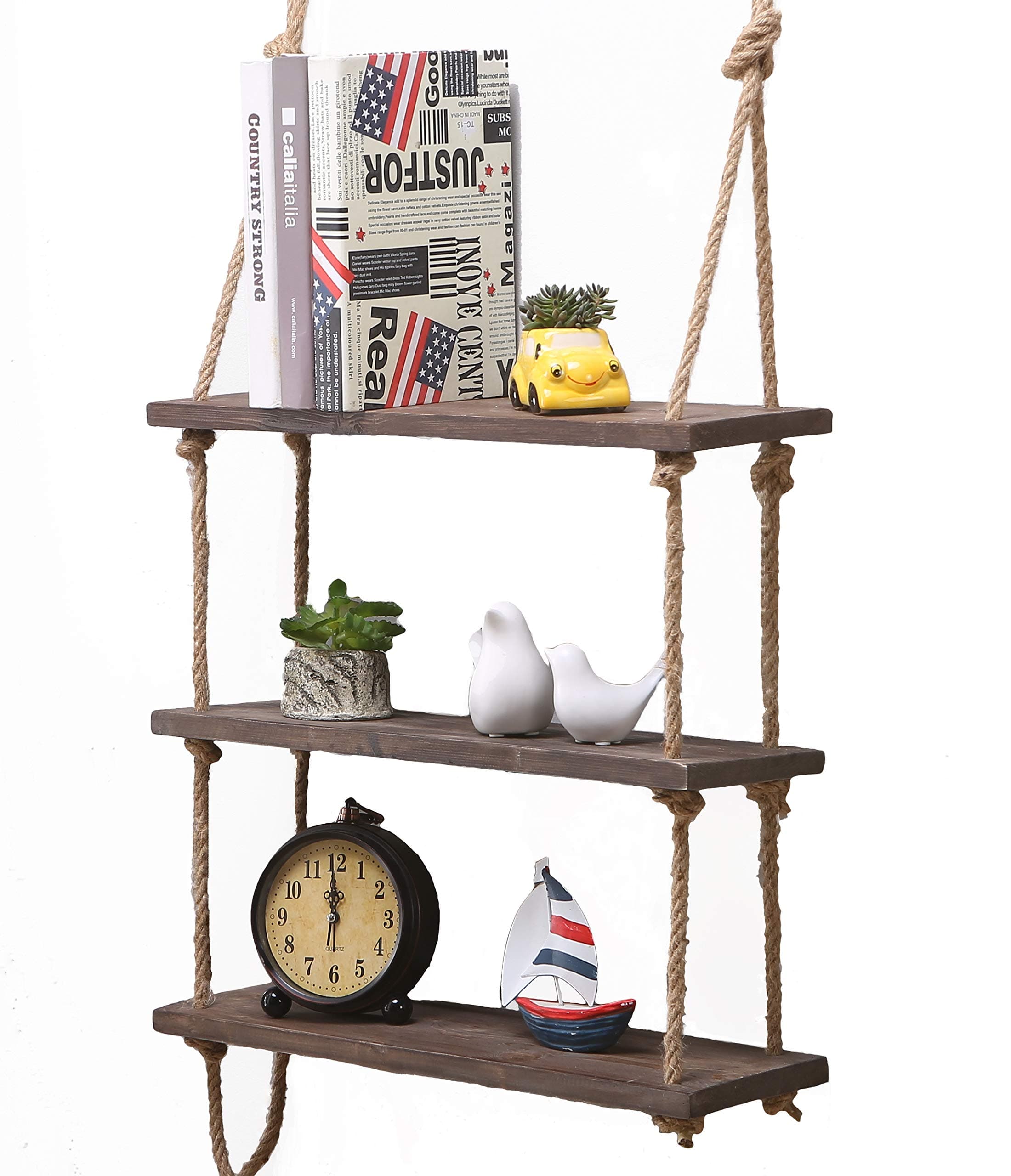 Solid Wood Wall Shelf Storage Floating Wall Shelf Rustic Vintage Wooden Rope Shelf (Dark, 3 Shelves)