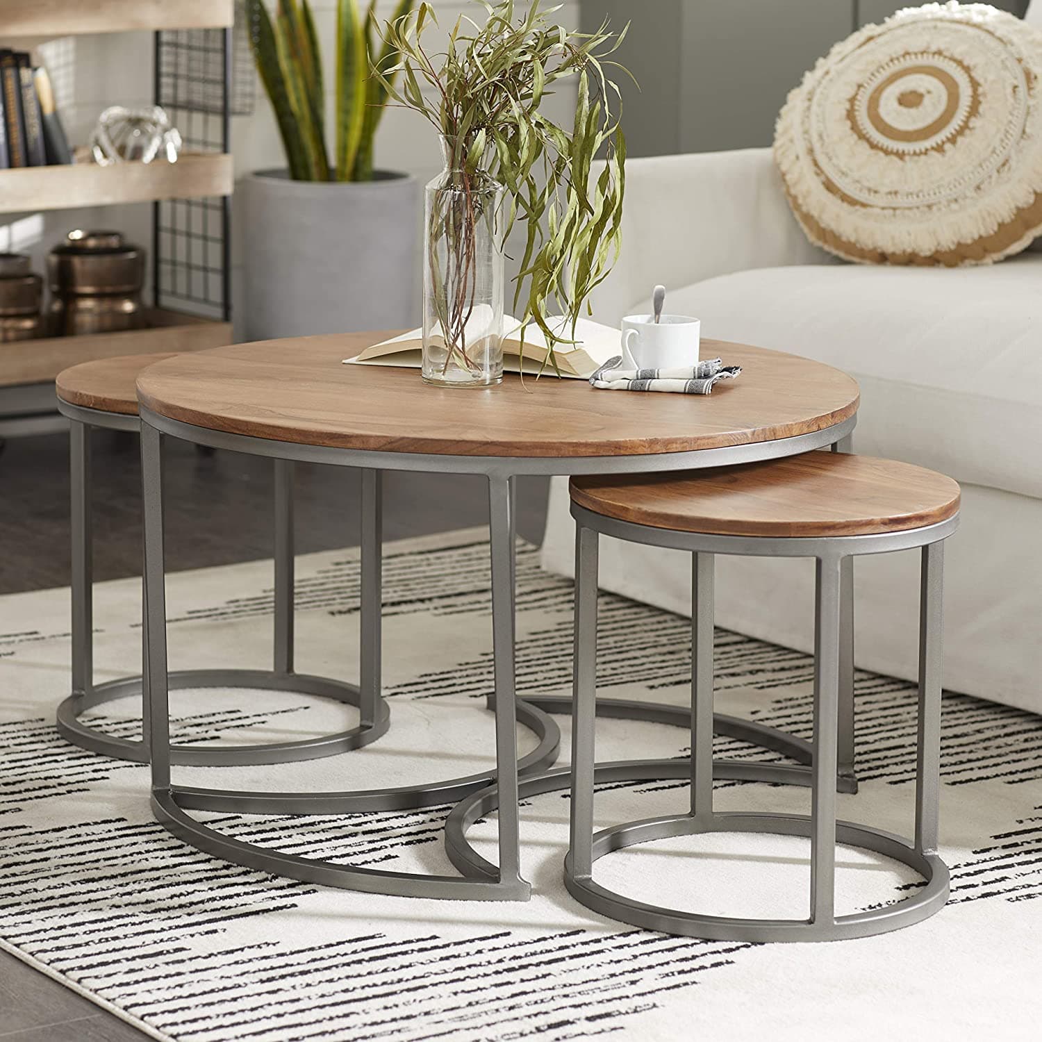AALIYA MART Modern Coffee Table Round Nesting Tables Set of 3 with Black Metal Frame for Home Decor Living Room Furniture