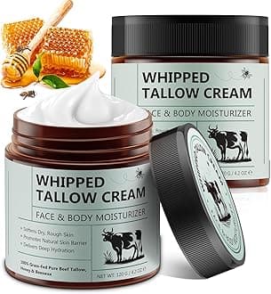 Beef Tallow for Skin, 2PCS Tallow and Honey Balm, Beef Tallow for Face, Organic Grass Fed Whipped Beef Tallow with Honey Beeswax, Deeply Moisturizing for Face Body, Unscented Fast Absorption, 4.2 Oz