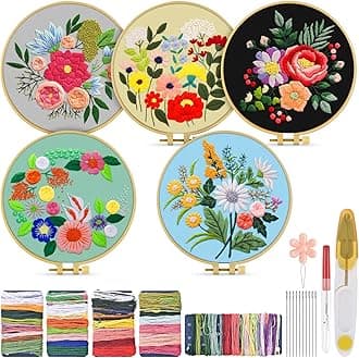 TINDTOP 5 Sets Embroidery Kit for Adults, Floral Embroidery Practice Kit for Beginners Include Embroidery Cloth Hoops Threads for Craft Lover Hand Stitch