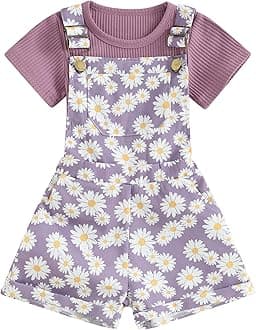 ZZLBUF Toddler Baby Girl Overalls Romper Outfit Kids Ruffle Sleeve Tops T-Shirt + Floral Suspender Pocket Shorts Clothes Set