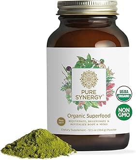 Pure SynergyOrganic Superfood Powder | Organic Green Superfood Powder | Whole Food Supplement with Organic Greens, Spirulina and Mushrooms | For Energy, Healthy Aging, and Immune Health (12.5 ounces)