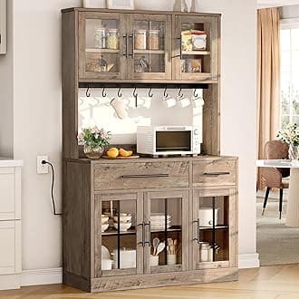 71" Farmhouse Kitchen Pantry Storage Cabinet with Power Outlet, Freestanding Glass Door Display Pantry Hutch with Microwave Stand & Adjustable Shelves & Large Countertop for Home, Lvory Grey