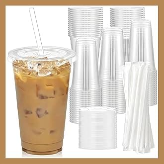 Plastic Clear Cups 20 oz with Lids and Straws 50 Set Disposable Cold Beverage Drinking Iced Coffee Water Juice Tea Party Travel Cafe Restaurant School Office Home Kitchen (50 Set, 20 oz)
