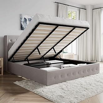 SHA CERLIN King Size Lift Up Storage Bed Frame,Button Tufted Wingback Headboard,Upholstered Platform,Hydraulic Storage,Wooden Slat Support,No Box Spring,Light Beige