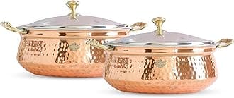 Indian Art Villa Steel Copper Hammered, Polished Design Handi/Bowl/Casserole with Toughened Glass Lid & Brass Knob & Handles, Volume-2200 ml, Pack of 2