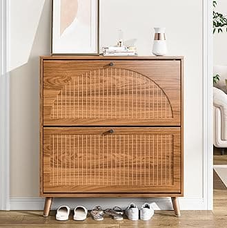 Shoe Storage Cabinet for Entryway with 2 Flip Drawers, Narrow Wood Shoe Cabinet with Fluted Panel, Freestanding Hidden Shoe Organizer for Foyer, Hallway (Walnut - No Shelf)