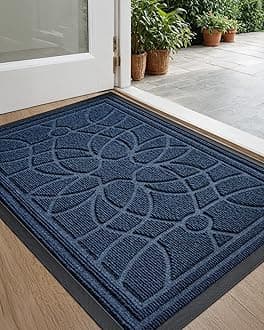 DEXI Front Door Mat, Welcome Mat Heavy Duty Non Slip Low Profile Outside Doormat for Entryway, Patio, Garage, High Traffic Areas, 17"X29", Blue