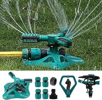 Garden Sprinkler Adjustable water spray range Suitable for large areas of lawn Automatic 360 Degree 3 Arm Rotating Sprinkler System Sprinklers (1Sprinkler+4Connectors+2 Sprinkler Head)