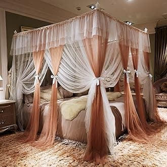 Joyreap Luxury 4 Corners Post Canopy Bed Curtains - Coral & White Cozy Drape Netting - Cute Princess Style Decoration Accessories(Reddish Brown, 59" W x 78" L, Full/Queen)