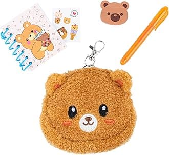 VOTUM Bear Keychain Charm for Backpacks, Purses, Handbags, Car Keys with Stationery Set - Includes Mini Notebook, Gel Pen, Eraser, Stickers - Portable & Fun Gift for Tweens & Adults Ages 8+