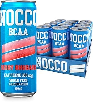 NOCCO Sugar Free Energy Drink – 180mg High Caffeine, Enriched with Amino Acids & Vitamins, Ideal for Pre Workout – 12 x 330ml (Berry Rhubarb)