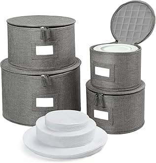 LotFancy China Storage Containers, Hard Shell, 4PCS Set, Dish Storage Box for Moving, Stackable Dinnerware Plate Organizer Bins with 48 Felt Dividers, Grey