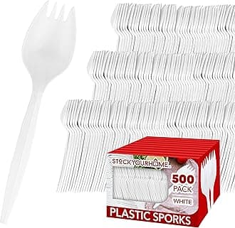 Disposable Sporks (500 Pack) White Plastic Sporks - BPA Free Kid Safe 2 in 1 Utensils - Heavy Weight Fork Spoon for School Lunch, Picnics, Catering, Restaurants, Kids Birthday Party - Stock Your Home