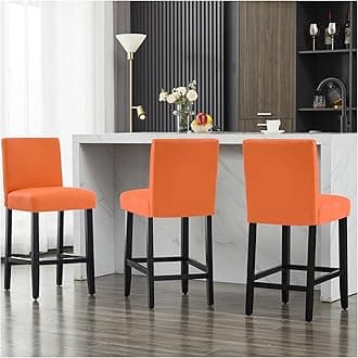 26'' Faux Leather Bar Stools Set of 3, Modern Upholstered Bar Chairs with Back, Soild Wood Legs Barstools for Kitchen Island, Orange