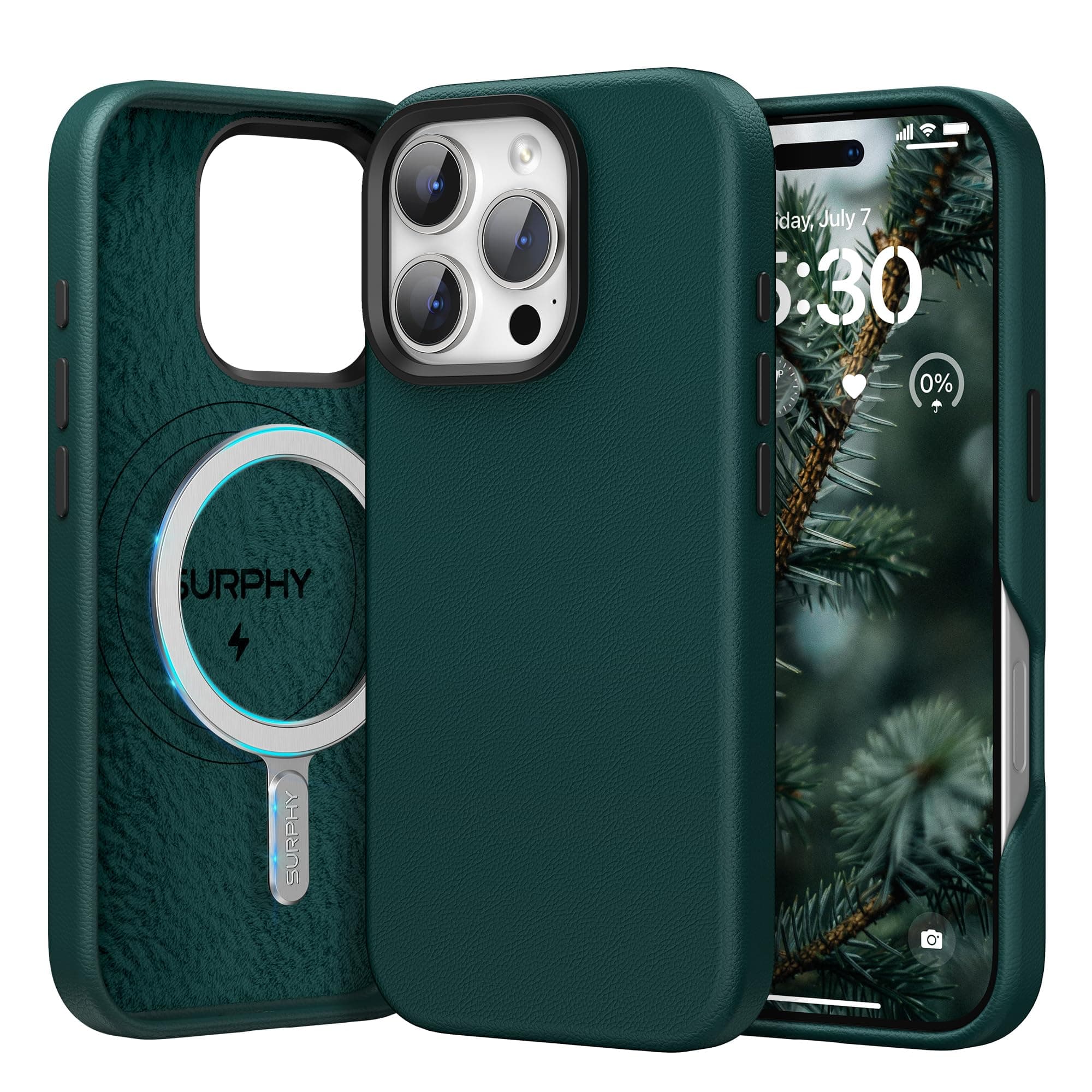 SURPHY Designed for iPhone 16 Pro Max Leather Case, Compatible with MagSafe Wireless Charging Faux Leather Case with Metallic Buttons and Microfiber Lining for 16 Pro Max 6.9 inch 2024, Forest Green