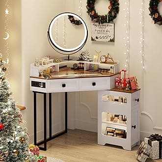 Corner Vanity Desk with Mirror and Lights, Modern Makeup Vanity with Charging Station & Human Sensor Light, Glass Top Dressing Table with 4 Drawers & Shelves for Bedroom (White)